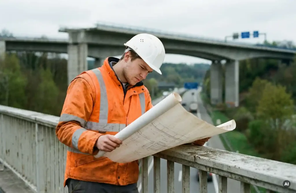 Junger Bauingenieur in Warnweste und Schutzhelm prüft technische Zeichnungen an einer Autobahnbrücke aus Beton.