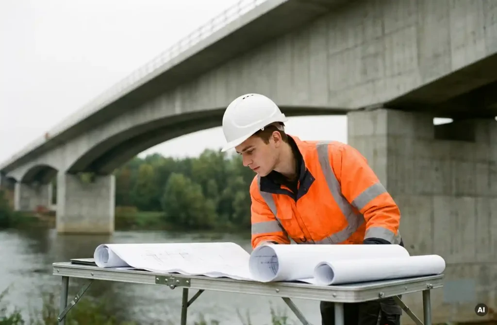Junger Bauingenieur mit Schutzhelm und Warnweste prüft technische Zeichnungen auf einer Baustelle, Betonbrücke im Hintergrund.