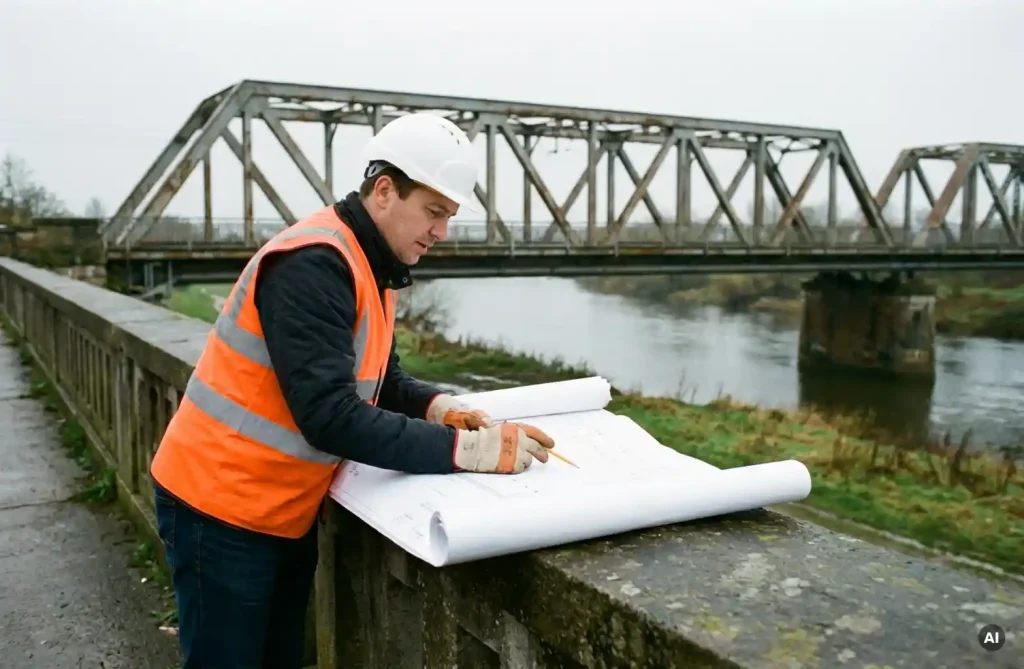 Bauingenieur in Warnweste und Schutzhelm prüft technische Zeichnungen auf einem Betonbrückengeländer, Stahlbrücke im Hintergrund.