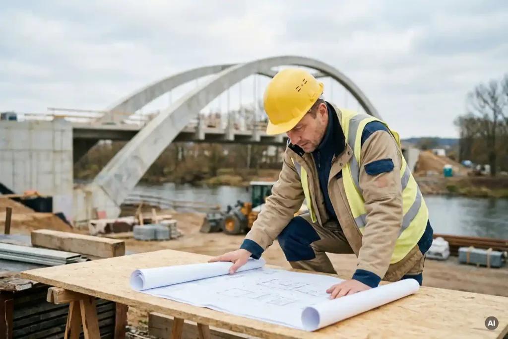 Bauingenieur mit Schutzhelm prüft technische Baupläne auf einer Brückenbaustelle in Thüringen.