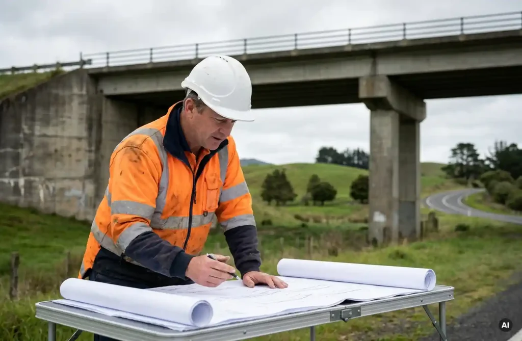 Bauingenieur in Warnweste und Schutzhelm prüft Konstruktionspläne an einer Autobahnbrücke in der deutschen Landschaft.