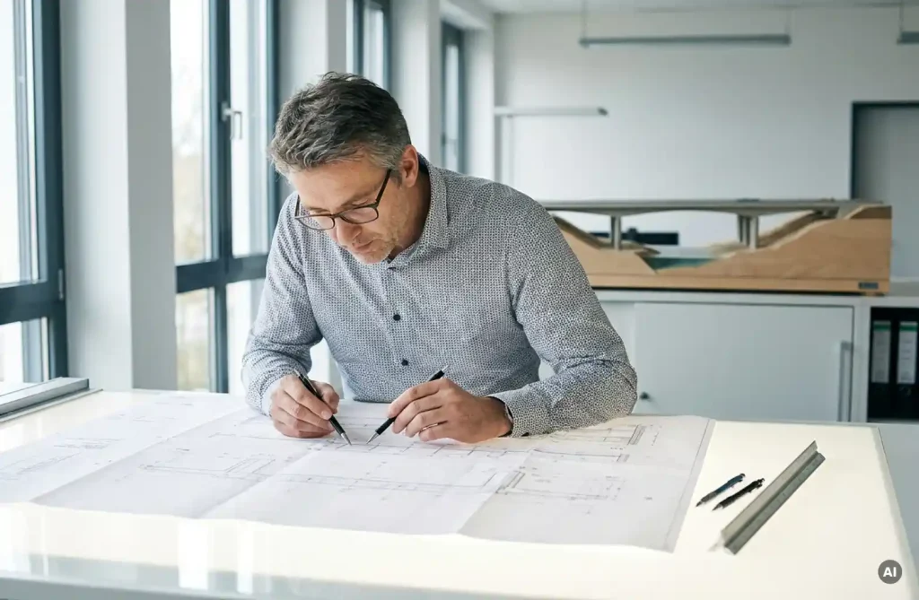 Bauingenieur prüft großformatige Brückenzeichnungen am Zeichentisch, Maßstabsmodell einer Betonbrücke im Hintergrund, modernes deutsches Ingenieurbüro.