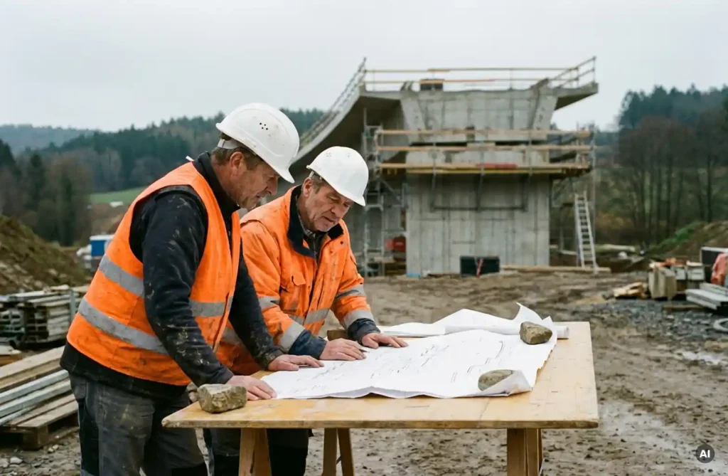 Zwei Bauingenieure in Warnwesten prüfen Baupläne auf einer Baustelle, Betonbrücke im Hintergrund.