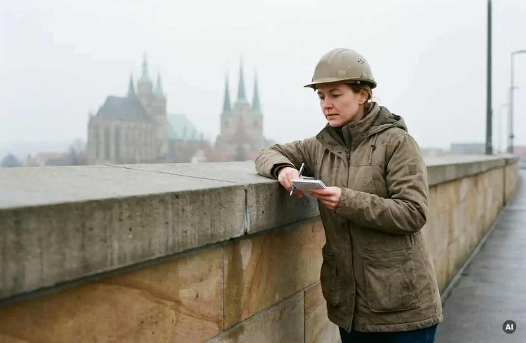 Bauingenieurin inspiziert Brückengelenke und Geländer in Erfurt, Domtürme im dunstigen Hintergrund sichtbar.