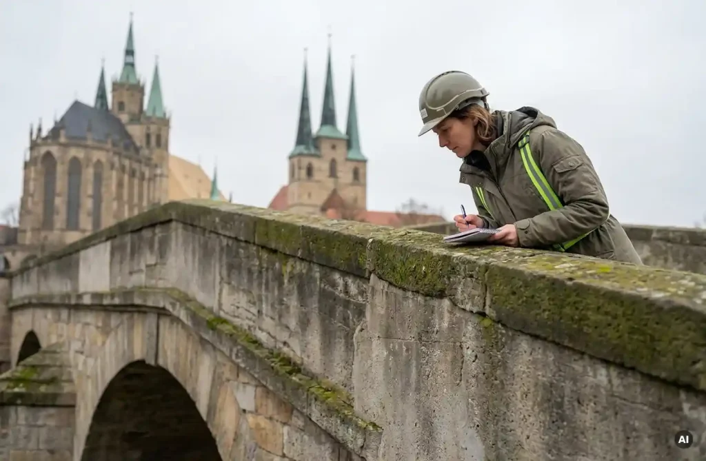 Bauingenieurin untersucht Brüstung einer historischen Steinbrücke in Erfurt, Domtürme im weichen Hintergrund.