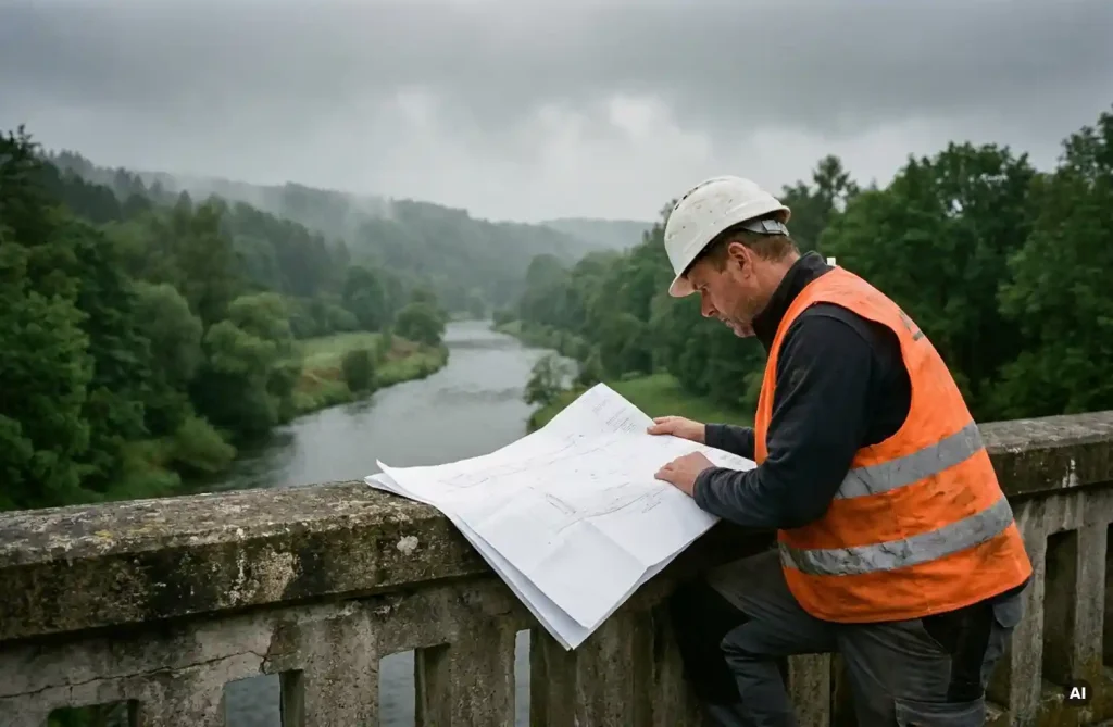 Bauingenieur in Warnweste und Schutzhelm prüft Baupläne auf einer Betonbrücke mit grünem deutschem Flusstal im Hintergrund.