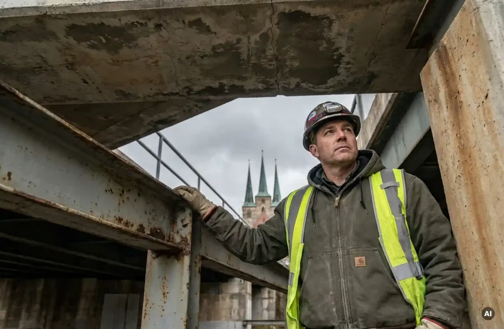 Bauingenieurin inspiziert verwitterte Betonbrücke, Hand auf Stahlträger, Erfurter Dom im Hintergrund sichtbar.