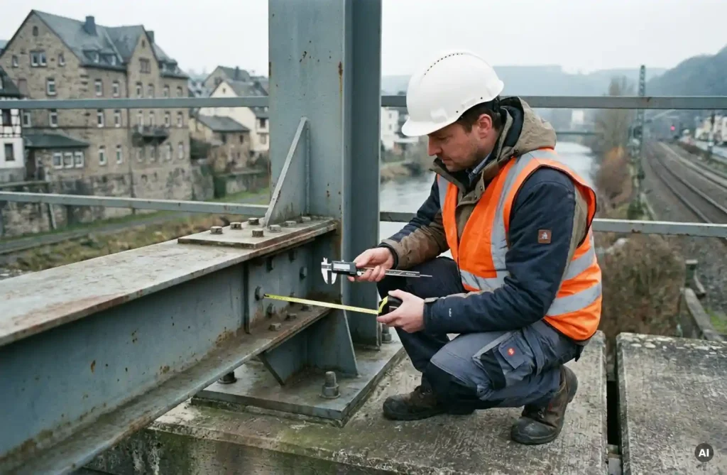 Bauingenieur mit Schutzhelm und Warnweste prüft Stahlverbindung auf einer Betonbrücke mit Messinstrument.