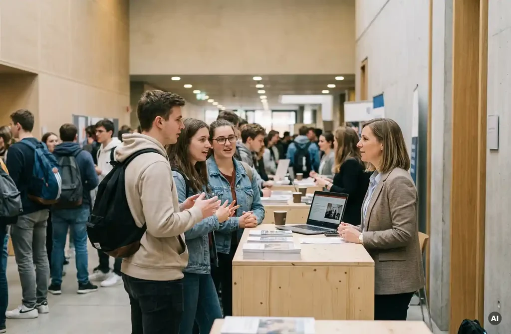 Studierende im Gespräch mit einem Unternehmensvertreter an einem Messestand mit Broschüren und Laptop in belebter Hochschulmesse.