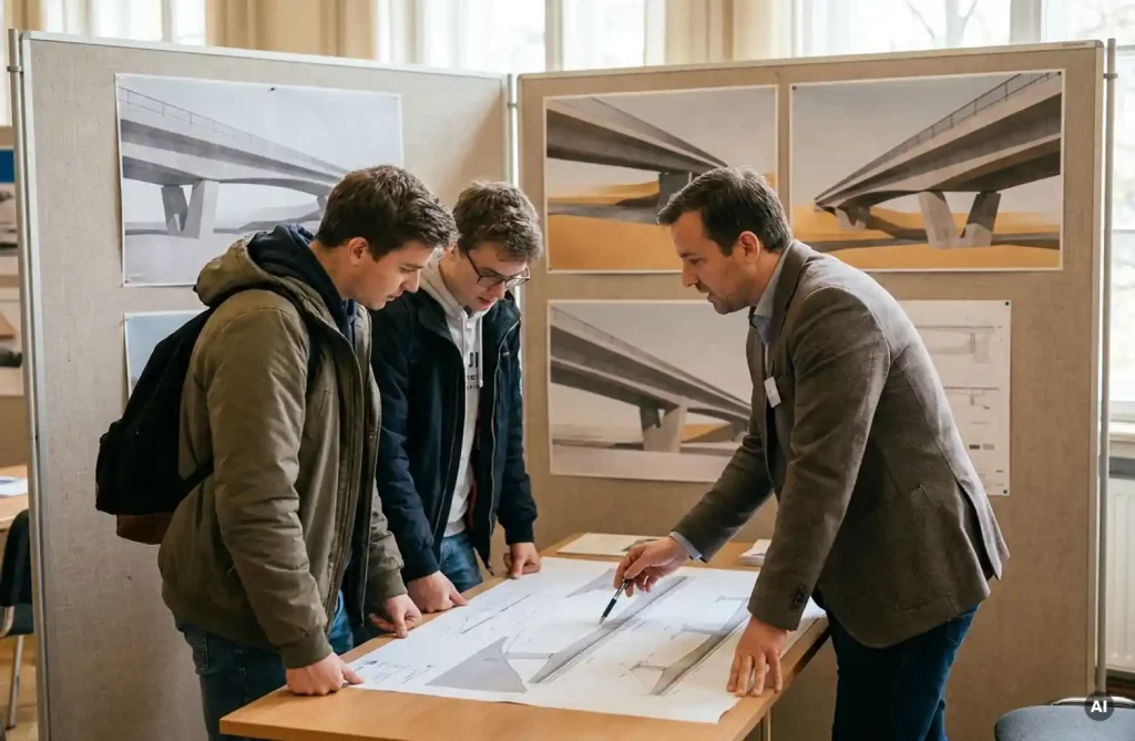 Zwei Bauingenieurstudenten und ein Unternehmensvertreter begutachten Brückenzeichnungen an einem Messestand mit Betonbrücken-Renderings.