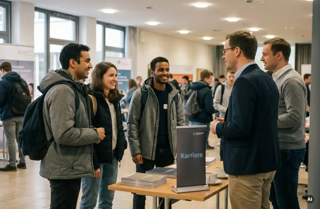 Studierende im Gespräch mit Unternehmensvertretern an einem Messestand einer deutschen Hochschulmesse, Broschüren und Kaffeebecher auf dem Tisch.