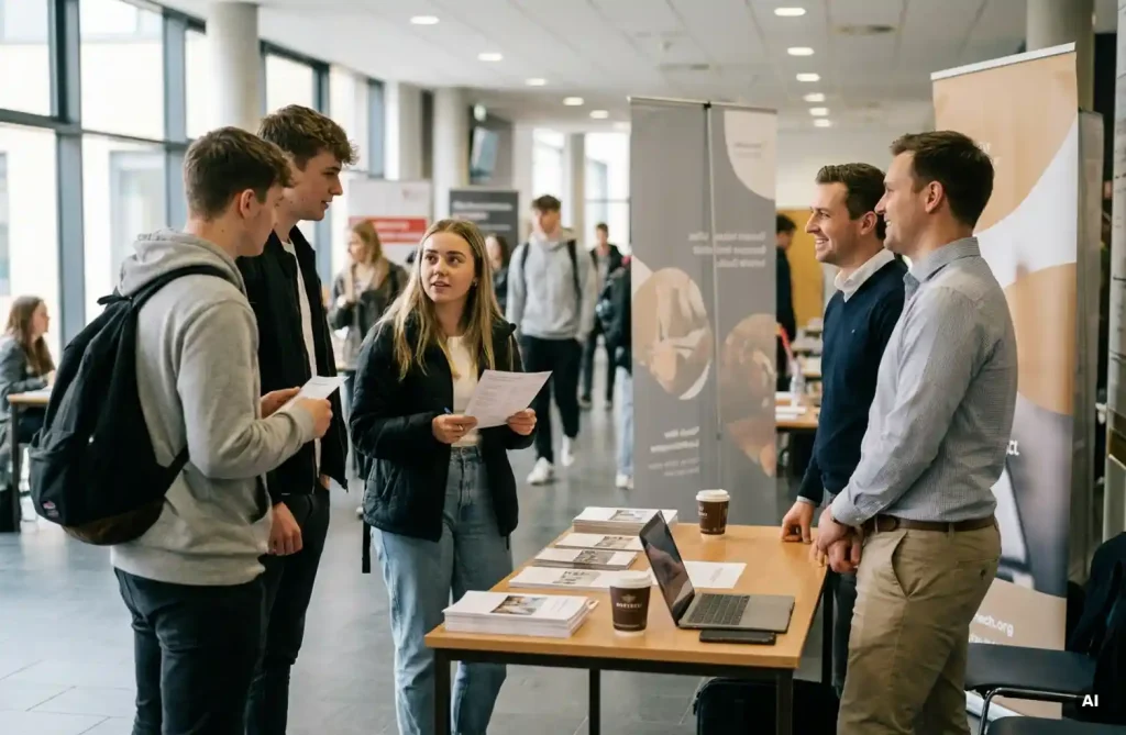 Studierende im Gespräch mit Unternehmensvertretern an einem Messestand in einer modernen Universitätshalle, ein Student hält einen Flyer.