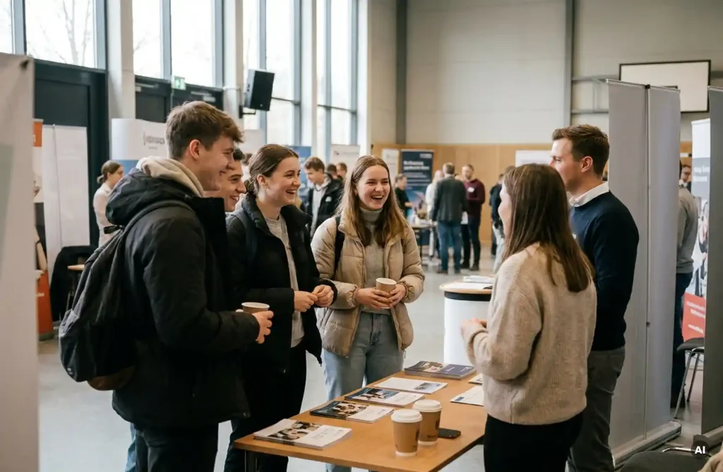 Studierende im Gespräch mit Unternehmensvertretern an einem Messestand bei einer deutschen Hochschulmesse, Broschüren und Kaffeebecher auf dem Tisch.
