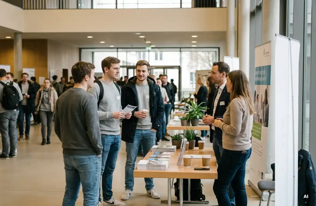 Studierende im Gespräch mit Unternehmensvertretern an einem Messestand einer Hochschulmesse, Flyer und Kaffeebecher auf dem Tisch.