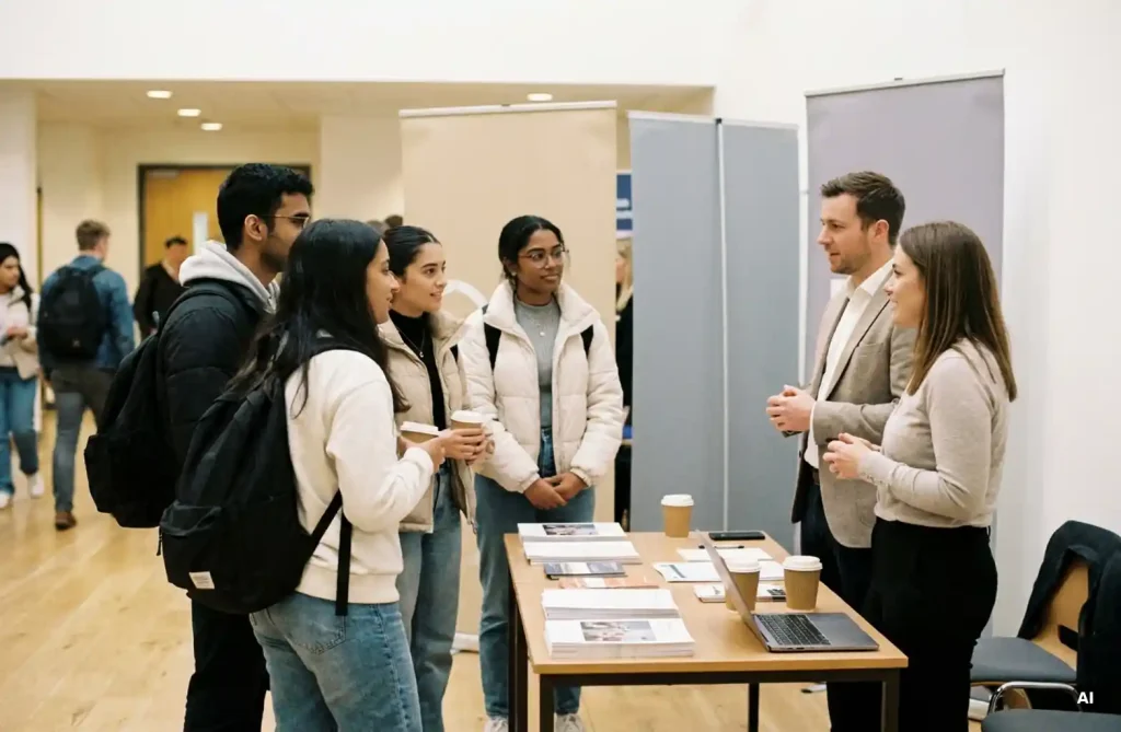Studierende im Gespräch mit Unternehmensvertretern an einem Messestand mit Broschüren und Kaffeetassen.