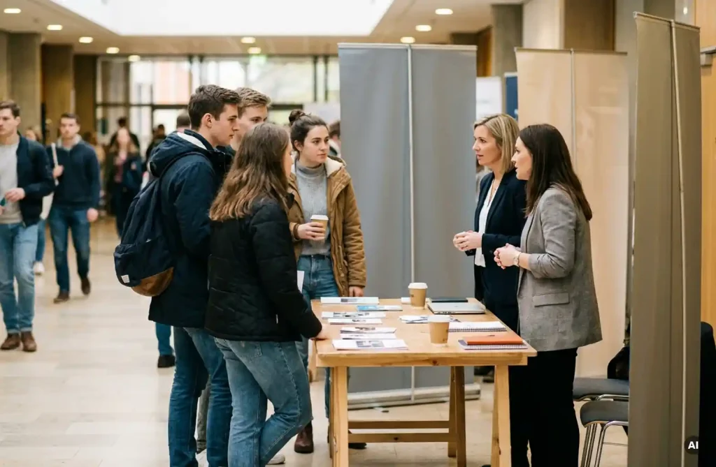 Studierende im Gespräch mit Unternehmensvertretern an einem Messestand in einer belebten Universitätshalle.