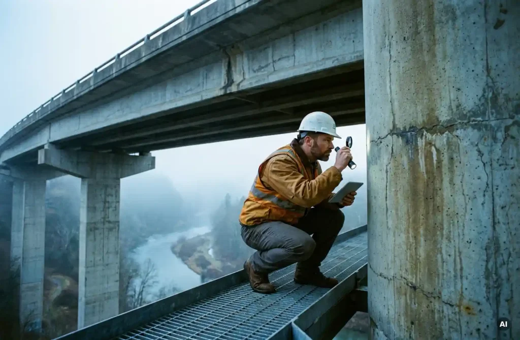 Bauingenieur mit Schutzhelm und Warnweste inspiziert tragende Betonpfeiler einer Autobahnbrücke über einem nebligen Tal.